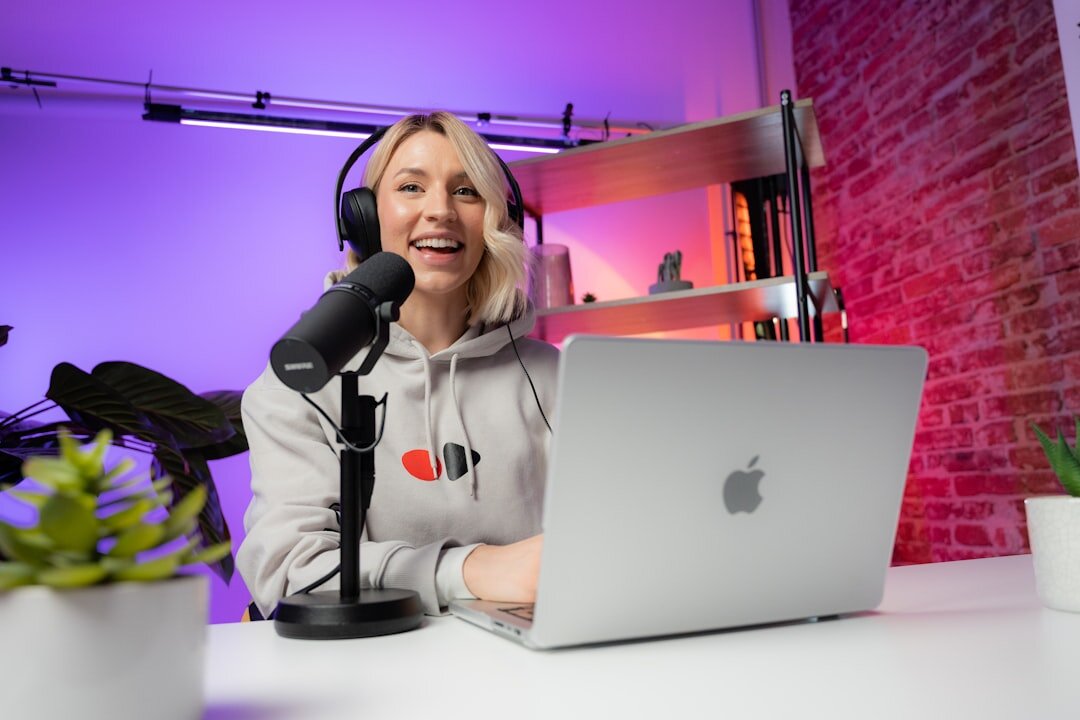 woman recording podcast